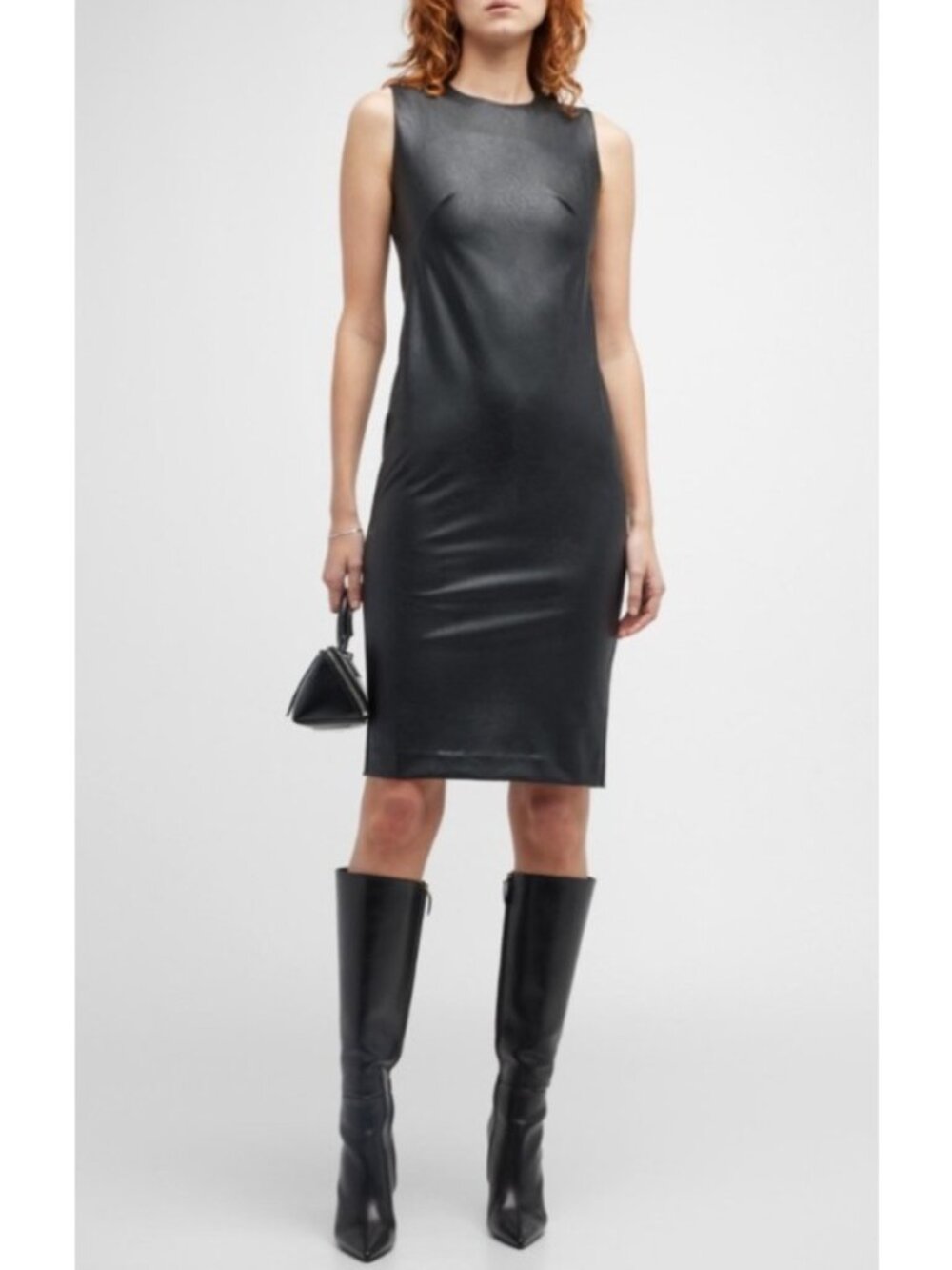 NEW $228 Spanx Leather-Like Fitted Midi Dress Luxe Black Large Business Casual